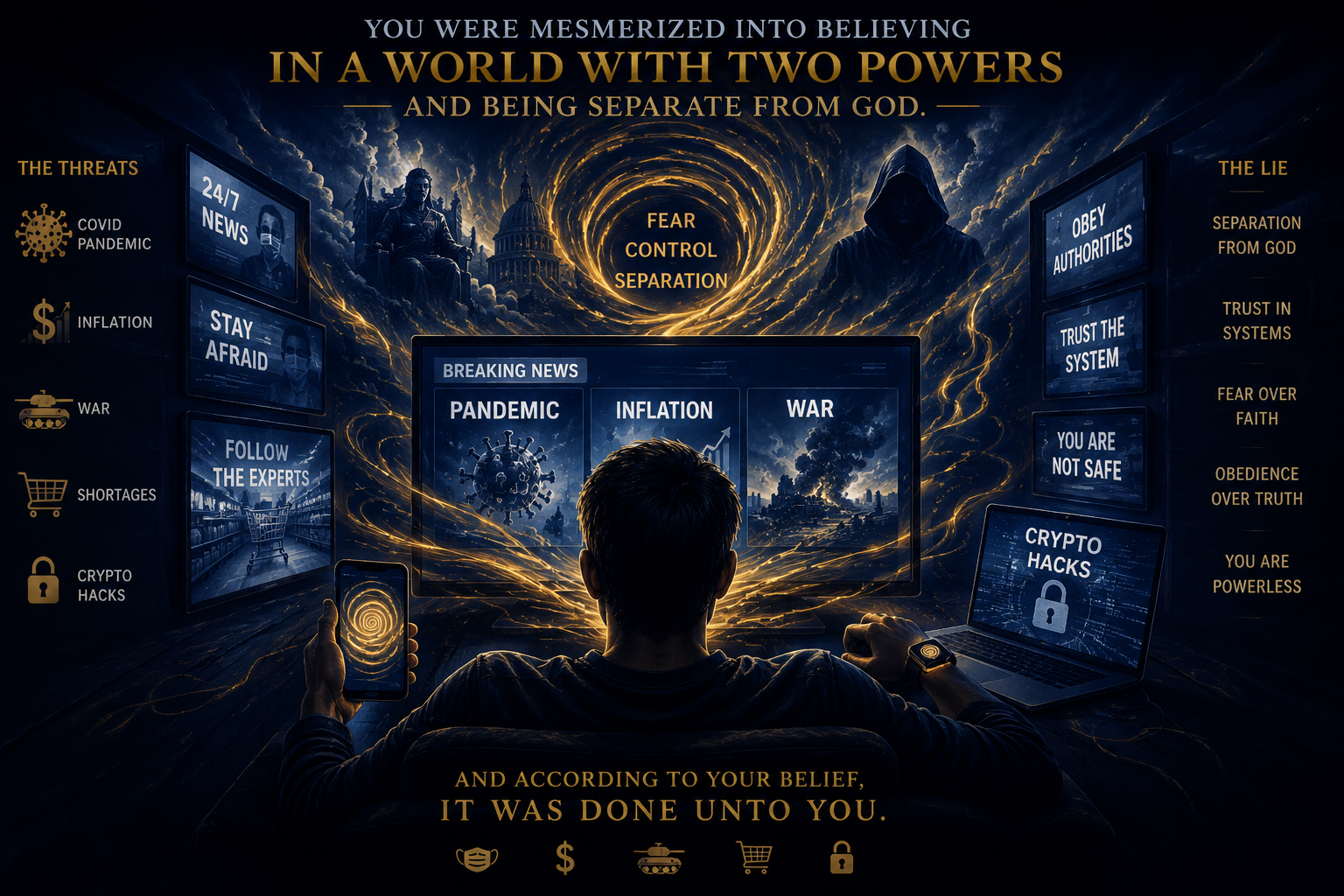 A man surrounded by screens showing pandemic, inflation, and war headlines, illustrating the world's false message of fear, control, and separation from God